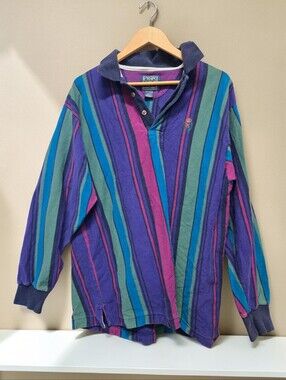 Vintage Chaps Ralph Lauren Striped Rugby Shirt XL Purple Green Blue 90s Preppy